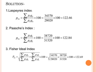 SOLUTION-
2. Paasche’s Index :
3. Fisher Ideal Index
1.Laspeyres index:
 