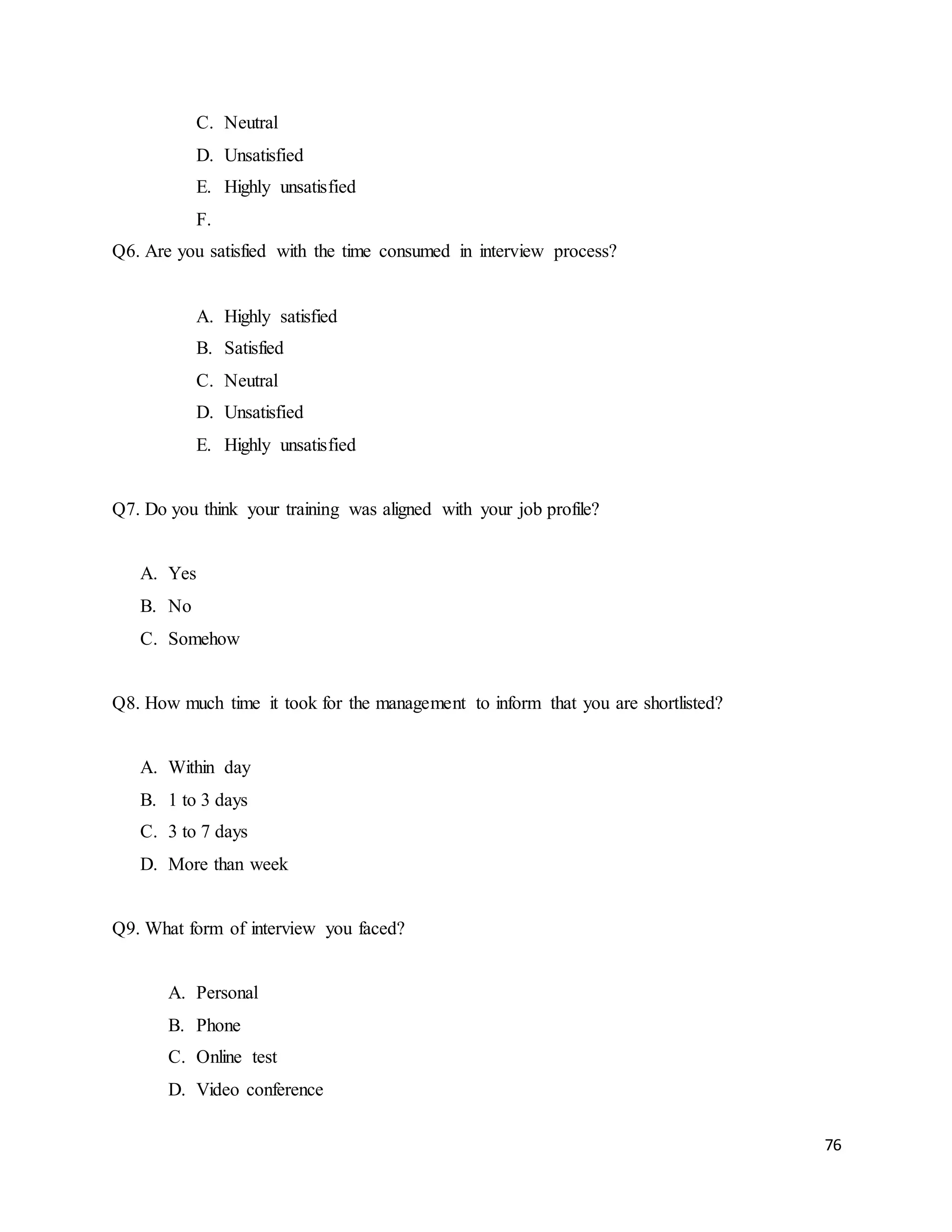 76
C. Neutral
D. Unsatisfied
E. Highly unsatisfied
F.
Q6. Are you satisfied with the time consumed in interview process?
A. Highly satisfied
B. Satisfied
C. Neutral
D. Unsatisfied
E. Highly unsatisfied
Q7. Do you think your training was aligned with your job profile?
A. Yes
B. No
C. Somehow
Q8. How much time it took for the management to inform that you are shortlisted?
A. Within day
B. 1 to 3 days
C. 3 to 7 days
D. More than week
Q9. What form of interview you faced?
A. Personal
B. Phone
C. Online test
D. Video conference
 