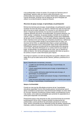 a los profesionales a hacer el cambio. El concepto de "barreras para el
    aprendizaje" aparece cada vez más en estos documentos. Los
    profesionales de la educación y el cuidado infantil deben adaptarse a estas
    nuevas demandas, al tiempo que se aseguran de que el lenguaje que
    utilizan no es discriminatorio y apoya la inclusión.


    Recursos de apoyo al juego, el aprendizaje y la participación

    Eliminar las barreras para el juego, el aprendizaje y la participación supone
    movilizar recursos del centro y su entorno. Siempre hay más recursos para
    ello de los que se están utilizando. Por recursos no nos referimos sólo al
    dinero. Al igual que las barreras, los recursos se puede encontrar en
    cualquier elemento del centro: los profesionales, los equipos directivos, los
    niños, padres / cuidadores, los grupos locales y también en el cambio de
    culturas, políticas y prácticas. Los profesionales pueden tener habilidades
    de las que no son conscientes o que no están utilizando totalmente, puede
    haber miembros de la comunidad que compartan procedencia o deficiencia
    con un niño al que pueden ayudar a que se sienta como en casa. Los
    recursos de los niños, su capacidad para dirigir su propio aprendizaje y
    juego y para apoyarse unos a otros pueden estar siendo especialmente
    infrautilizados, igual que el potencial de los profesionales para apoyarse
    unos a otros. Hay tanta información en un centro sobre lo que impide el
    juego, el aprendizaje y la participación de los niños, que no siempre se
    utiliza al máximo. Uno de los principales propósitos del Index es ayudar a
    los centros a recurrir a esta información para mejorar.

    En la figura 2 aparece una serie de preguntas que pueden utilizarse como
    reflejo de lo que se sabe acerca de las culturas, políticas y prácticas de un
    centro.

    figura 2 Identificación de barreras y recursos
          •     ¿Cuáles son las barreras para el juego, el aprendizaje y la
                participación?
          •     ¿Quién experimenta barreras para el juego, el aprendizaje y la
                participación?
          •     ¿Cómo pueden eliminarse estas barreras para el juego, el
                aprendizaje y la participación?
          •     ¿Qué recursos se utilizan para apoyar el juego, el aprendizaje y la
                participación?
          •     ¿Qué recursos adicionales pueden ponerse en marcha para apoyar
                el juego, el aprendizaje y la participación?

    Apoyo a la diversidad

    Cuando se cree que las dificultades provienen de las "necesidades
    educativas especiales" de los niños puede parecer normal pensar que el
    apoyo consistirá en proporcionar más personal para trabajar con esos niños
    en concreto. Nosotros concebimos el apoyo desde una perspectiva mucho
    más amplia, como todas las actividades que aumentan la capacidad de un
    centro para responder a la diversidad.

    Proporcionar apoyo a las personas es sólo una de las formas de aumentar
    la participación de los niños. El apoyo también lo proporcionan los
    profesionales cuando planifican las actividades pensando en todos los
    niños, siendo conscientes de sus diferentes puntos de partida, experiencias,
    intereses y estilos de aprendizaje, o cuando los niños se ayudan entre sí.



7   desarrollo del juego, el aprendizaje y la participación en Educación Infantil
 