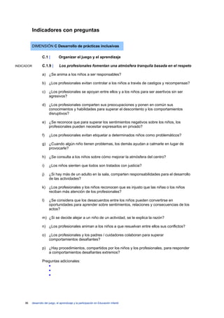 Indicadores con preguntas

            DIMENSIÓN C Desarrollo de prácticas inclusivas

                     C.1 |         Organizar el juego y el aprendizaje

INDICADOR            C.1.9 |        Los profesionales fomentan una atmósfera tranquila basada en el respeto

                     a) ¿Se anima a los niños a ser responsables?

                     b) ¿Los profesionales evitan controlar a los niños a través de castigos y recompensas?

                     c) ¿Los profesionales se apoyan entre ellos y a los niños para ser asertivos sin ser
                        agresivos?

                     d) ¿Los profesionales comparten sus preocupaciones y ponen en común sus
                        conocimientos y habilidades para superar el descontento y los comportamientos
                        disruptivos?

                     e) ¿Se reconoce que para superar los sentimientos negativos sobre los niños, los
                        profesionales pueden necesitar expresarlos en privado?

                     f)    ¿Los profesionales evitan etiquetar a determinados niños como problemáticos?

                     g) ¿Cuando algún niño tienen problemas, los demás ayudan a calmarle en lugar de
                        provocarle?

                     h) ¿Se consulta a los niños sobre cómo mejorar la atmósfera del centro?

                     i)    ¿Los niños sienten que todos son tratados con justicia?

                     j)    ¿Si hay más de un adulto en la sala, comparten responsabilidades para el desarrollo
                           de las actividades?

                     k) ¿Los profesionales y los niños reconocen que es injusto que las niñas o los niños
                        reciban más atención de los profesionales?

                     l)    ¿Se considera que los desacuerdos entre los niños pueden convertirse en
                           oportunidades para aprender sobre sentimientos, relaciones y consecuencias de los
                           actos?

                     m) ¿Si se decide alejar a un niño de un actividad, se le explica la razón?

                     n) ¿Los profesionales animan a los niños a que resuelvan entre ellos sus conflictos?

                     o) ¿Los profesionales y los padres / cuidadores colaboran para superar
                        comportamientos desafiantes?

                     p) ¿Hay procedimientos, compartidos por los niños y los profesionales, para responder
                        a comportamientos desafiantes extremos?

                     Preguntas adicionales:
                        •
                        •
                        •




     86     desarrollo del juego, el aprendizaje y la participación en Educación Infantil
 