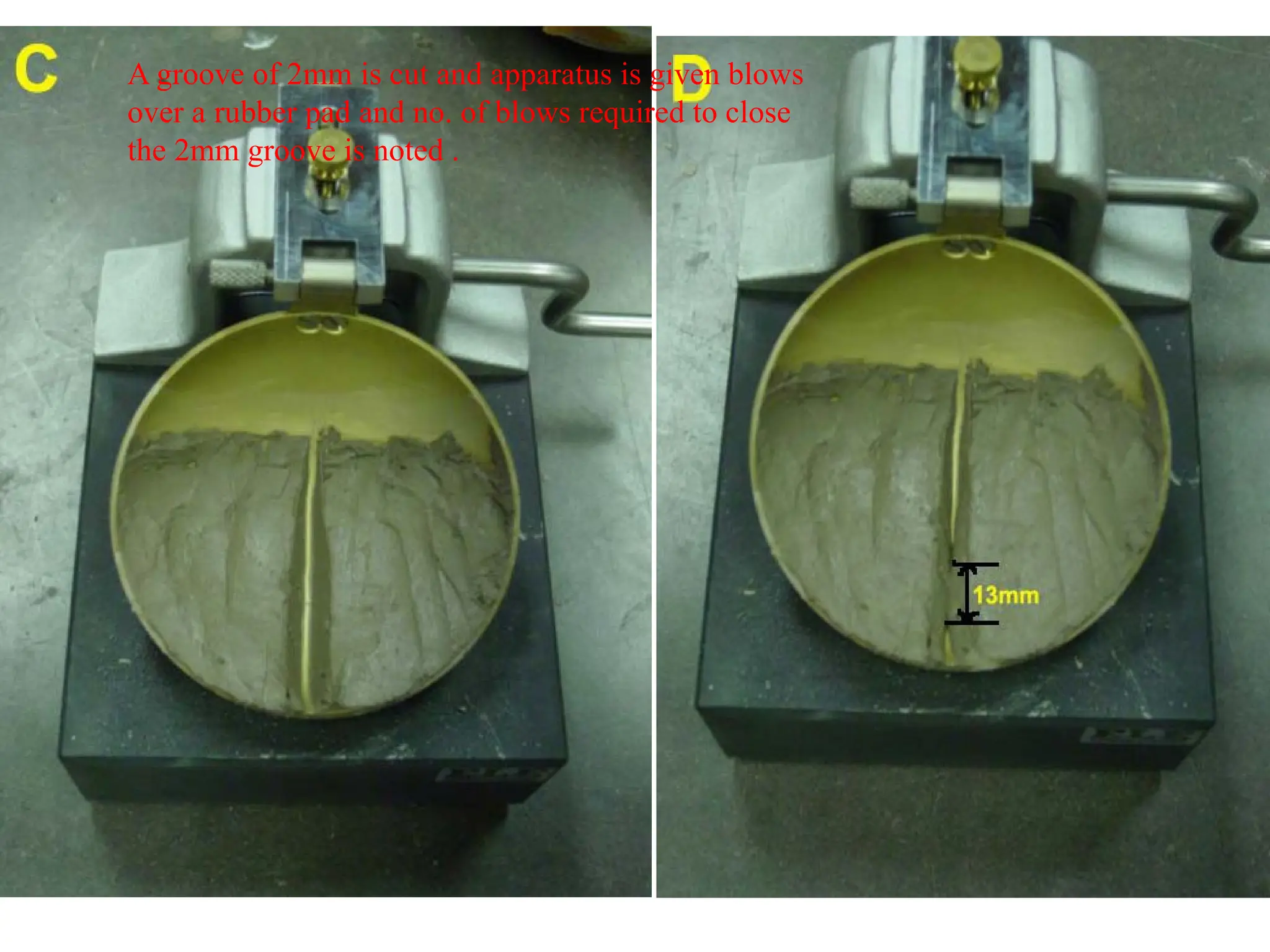 57
A groove of 2mm is cut and apparatus is given blows
over a rubber pad and no. of blows required to close
the 2mm groove is noted .
 