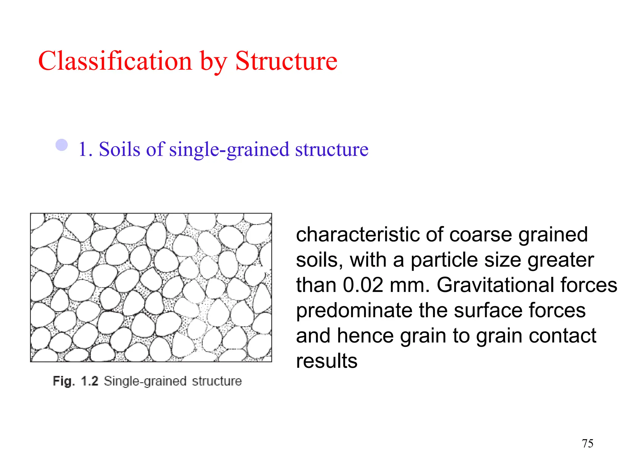 Classification by Structure
1. Soils of single-grained structure
75
characteristic of coarse grained
soils, with a particle size greater
than 0.02 mm. Gravitational forces
predominate the surface forces
and hence grain to grain contact
results
 