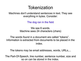 Tokenization Machines don't understand sentences in text. They see everything in bytes. Consider: The dog ran in the field We see 6 words. Machine sees 24 characters (chars) The words found in a document are called “tokens”.  Information is extracted from documents to be placed in the index.  The tokens may be email addresses, words, URLs,... The Part-Of-Speech, line number, sentence number, size and so on can be stored in the index.  