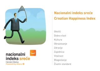 Nacionalni indeks sreće
Croatian Happiness Index


Okoliš
Dobra vlast
Kultura
Obrazovanje
Zdravlje
Zajednica
Vitalnost
Blagostanje
Životni standard
                           1
 