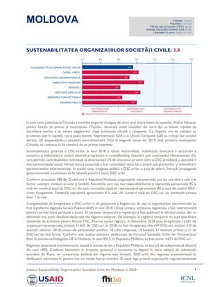 MOLDOVA
Indexul Sustenabilității Organizațiilor Societății Civile din Moldova în 2018 1
Capitala: Chișinău
Populația: 3.437.720
PIB pe cap de locuitor (PPC): $6.700
Indicele Dezvoltării Umane: Înalt (0,700)
Libertatea în lume: Parțială (61/100)
SUSTENABILITATEA ORGANIZAȚIILOR SOCIETĂȚI CIVILE: 3.8
În luna iunie, Judecătoria Chișinău a invalidat alegerile câștigate de către unul dintre liderii de opoziție, Andrei Năstase,
pentru funcția de primar al municipiului Chișinău, deoarece ambii candidați din turul doi au folosit rețelele de
socializare pentru a se adresa alegătorilor după încheierea oficială a campaniei. Ca răspuns, mii de cetățeni au
protestat, atât în capitală, cât și peste hotare. Reprezentanții SUA și ai Uniunii Europene (UE) au criticat dur această
decizie, UE suspendându-și asistența macrofinanciară. Până la alegerile locale din 2019, însă, primăria municipiului
Chișinău va continua să fie condusă de un primar interimar.
Sustenabilitatea generală a OSC-urilor în anul 2018 a rămas neschimbată. Viabilitatea financiară a sectorului a
cunoscut o îmbunătățire ușoară datorită progresului în crowdfunding, finanțării prin intermediul Mecanismului 2%,
care permite contribuabililor individuali să direcționeze 2% din impozitul pe venit către o OSC acreditată și dezvoltării
antreprenoriatului social. Infrastructura sectorială a fost consolidată datorită creșterii sub-granturilor și intensificării
parteneriatelor intersectoriale. În același timp, imaginea publică a OSC-urilor a avut de suferit, întrucât propaganda
guvernamentală a continuat să fie folosită pentru a ataca OSC-urile.
Conform articolului 180 din Codul civil al Republicii Moldova, organizațiile necomerciale pot lua una dintre cele trei
forme: asociații, instituții private și fundații. Asociațiile sunt cea mai răspândită formă și reprezintă aproximativ 95 la
sută din numărul total de OSC-uri din țară, asociațiile obștești reprezentând aproximativ 80 la sută din totalul OSC-
urilor înregistrate. Fundațiile reprezintă aproximativ 4 la sută din numărul total de OSC-uri, iar instituțiile private
doar 1 la sută.
Competențele de înregistrare a OSC-urilor și de gestionare a Registrului de stat al organizațiilor necomerciale au
fost transferate Agenției Servicii Publice (ASP) în anul 2018. Drept urmare, accesarea registrului a fost restricționată
pentru cea mai mare perioadă a anului. O versiune temporară a registrului a fost publicată la sfârșitul anului, dar cu
informații mai puțin detaliate decât cele din registrul anterior. De exemplu, în registrul temporar nu sunt specificate
domeniile de activitate pentru fiecare OSC. Potrivit noului registru, în decembrie 2018 erau înregistrate 12.681 de
organizații necomerciale, inclusiv 11.633 de OSC-uri. În 2018, au fost înregistrate alte 419 OSC-uri, inclusiv 335 de
asociații obștești, 20 de uniuni ale persoanelor juridice, 18 culte religioase, 14 fundații, 11 instituții private și 21 de
OSC-uri de alte forme. Conform unei analize statistice desfășurate de Forumul Societății Civile din Parteneriatul
Estic la solicitarea Delegației UE în Moldova, în anul 2017, în Republica Moldova au fost active 4.671 de OSC-uri.
Regiunea separatistă transnistreană, situată în partea de est a Republicii Moldova, se bucură de independență efectivă
din anul 1992. Conform Națiunilor în tranziție, guvernul și economia sa depind în mare măsură de subvențiile
acordate de Rusia, iar concurența politică din regiune este limitată. OSC-urile din regiunea transnistreană își
desfășoară activitatea în general într-un mediu foarte restrâns. O nouă lege privind organizațiile neguvernamentale
 
