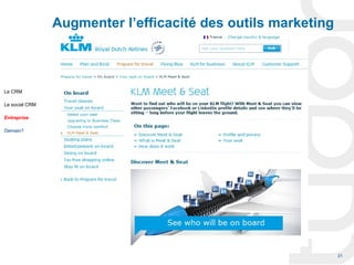 Augmenter l’efficacité des outils marketing



Le CRM

Le social CRM

Entreprise

Demain?




                                                              31
 