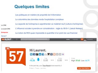 Quelques limites
                Les politiques en matière de propriété de l’information

                La volumétrie des données rende l’exploitation complexe

                La capacité de l’entreprise à appréhender ce matériel neuf (culture d’entreprise)
Le CRM

Le social CRM   L’influence sociale à prendre en considération : règle du 90-9-1 (Jakob Nielsen)
Entreprise
                La notion de ROI quasi impossible à quantifier d’un point de vue financier
Demain?




                                                                                                    35
 