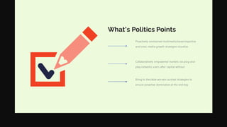 What’s Politics Points
Proactively envisioned multimedia based expertise
and cross media growth strategies visualize.
Collaboratively empowered markets via plug-and-
play networks users after capital without.
Bring to the table win-win survival strategies to
ensure proactive domination at the end day.
 