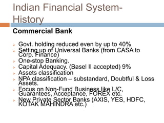 Indian Financial System-
History
Commercial Bank
 Govt. holding reduced even by up to 40%
 Setting up of Universal Banks (from CASA to
Corp. Finance)
 One-stop Banking.
 Capital Adequacy. (Basel II accepted) 9%
 Assets classification
 NPA classification – substandard, Doubtful & Loss
Assets.
 Focus on Non-Fund Business like L/C,
Guarantees, Acceptance, FOREX etc.
 New Private Sector Banks (AXIS, YES, HDFC,
KOTAK MAHINDRA etc.)
 