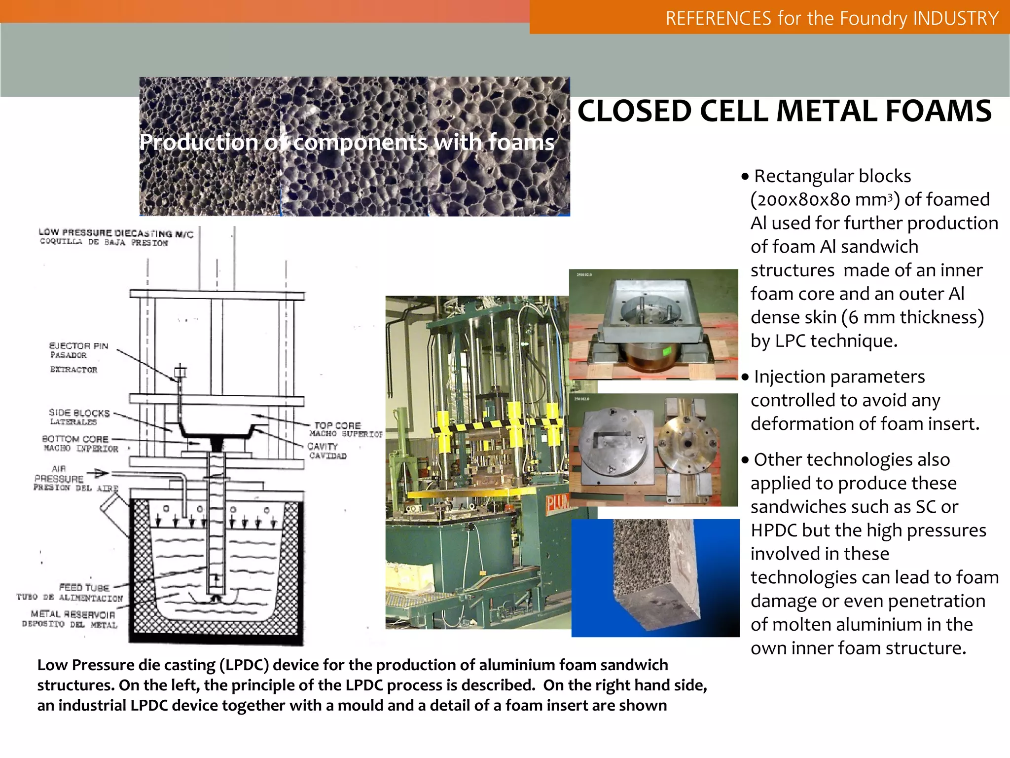 REFERENCES for the Foundry INDUSTRY



                                                                             CLOSED CELL METAL FOAMS
              Production of components with foams
                                                                                                   • Rectangular blocks
                                                                                                    (200x80x80 mm3) of foamed
                                                                                                    Al used for further production
                                                                                                    of foam Al sandwich
                                                                                                    structures made of an inner
                                                                                                    foam core and an outer Al
                                                                                                    dense skin (6 mm thickness)
                                                                                                    by LPC technique.
                                                                                                   • Injection parameters
                                                                                                    controlled to avoid any
                                                                                                    deformation of foam insert.
                                                                                                   • Other technologies also
                                                                                                    applied to produce these
                                                                                                    sandwiches such as SC or
                                                                                                    HPDC but the high pressures
                                                                                                    involved in these
                                                                                                    technologies can lead to foam
                                                                                                    damage or even penetration
                                                                                                    of molten aluminium in the
                                                                                                    own inner foam structure.
Low Pressure die casting (LPDC) device for the production of aluminium foam sandwich
structures. On the left, the principle of the LPDC process is described. On the right hand side,
an industrial LPDC device together with a mould and a detail of a foam insert are shown
 