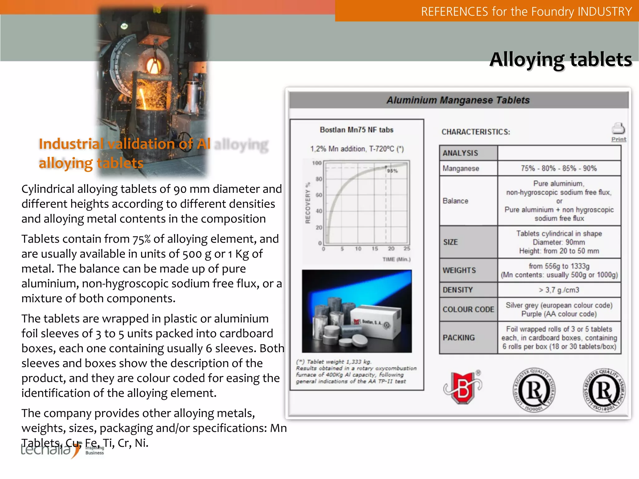 REFERENCES for the Foundry INDUSTRY



                                                                 Alloying tablets


   Industrial validation of Al
   alloying tablets
Cylindrical alloying tablets of 90 mm diameter and
different heights according to different densities
and alloying metal contents in the composition
Tablets contain from 75% of alloying element, and
are usually available in units of 500 g or 1 Kg of
metal. The balance can be made up of pure
aluminium, non-hygroscopic sodium free flux, or a
mixture of both components.
The tablets are wrapped in plastic or aluminium
foil sleeves of 3 to 5 units packed into cardboard
boxes, each one containing usually 6 sleeves. Both
sleeves and boxes show the description of the
product, and they are colour coded for easing the
identification of the alloying element.
The company provides other alloying metals,
weights, sizes, packaging and/or specifications: Mn
Tablets, Cu, Fe, Ti, Cr, Ni.
 
