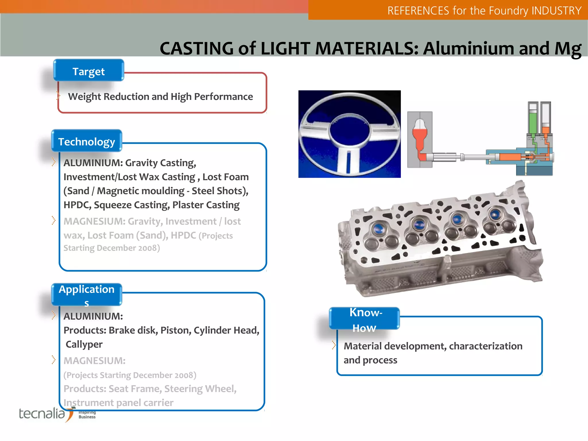 REFERENCES for the Foundry INDUSTRY


                       CASTING of LIGHT MATERIALS: Aluminium and Mg
  Target

 Weight Reduction and High Performance



Technology
ALUMINIUM: Gravity Casting,
Investment/Lost Wax Casting , Lost Foam
(Sand / Magnetic moulding - Steel Shots),
HPDC, Squeeze Casting, Plaster Casting
MAGNESIUM: Gravity, Investment / lost
wax, Lost Foam (Sand), HPDC (Projects
Starting December 2008)



Application
     s
ALUMINIUM:                                      Know-
Products: Brake disk, Piston, Cylinder Head,    How
Callyper                                       Material development, characterization
MAGNESIUM:                                     and process
(Projects Starting December 2008)
Products: Seat Frame, Steering Wheel,
Instrument panel carrier

                                                                                              2
 