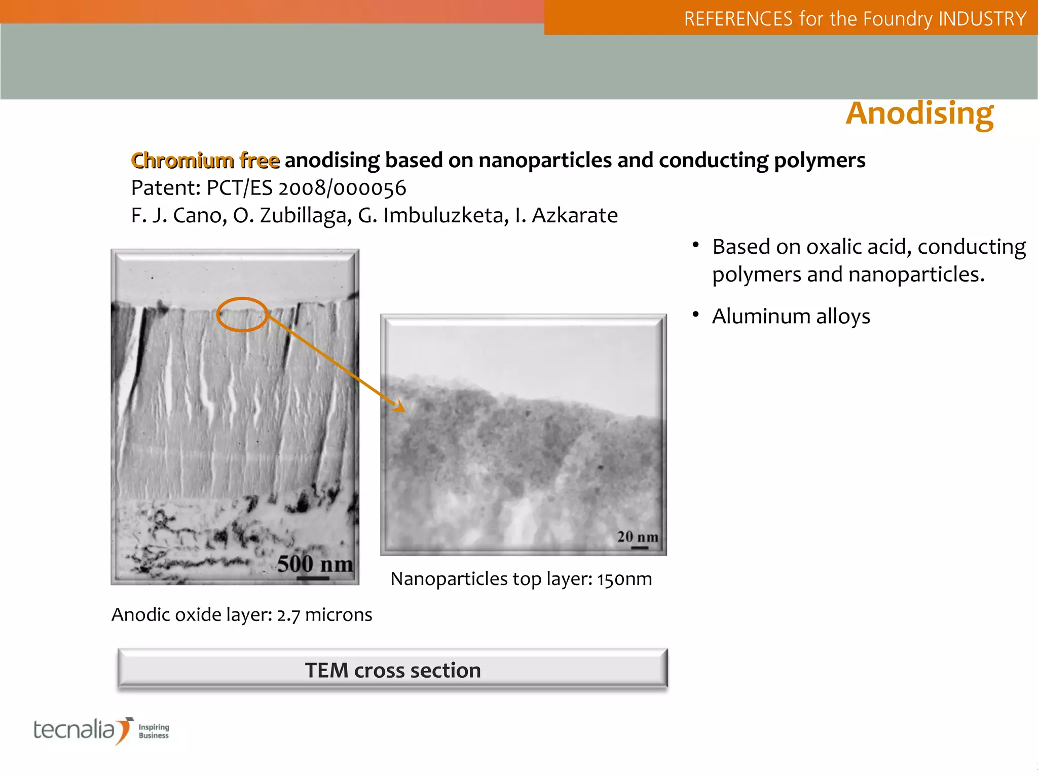 REFERENCES for the Foundry INDUSTRY



                                                                                   Anodising
  Chromium free anodising based on nanoparticles and conducting polymers
  Patent: PCT/ES 2008/000056
  F. J. Cano, O. Zubillaga, G. Imbuluzketa, I. Azkarate
                                                        • Based on oxalic acid, conducting
                                                          polymers and nanoparticles.
                                                                   • Aluminum alloys




                                  Nanoparticles top layer: 150nm
Anodic oxide layer: 2.7 microns

                      TEM cross section



                                                                                                         2
 