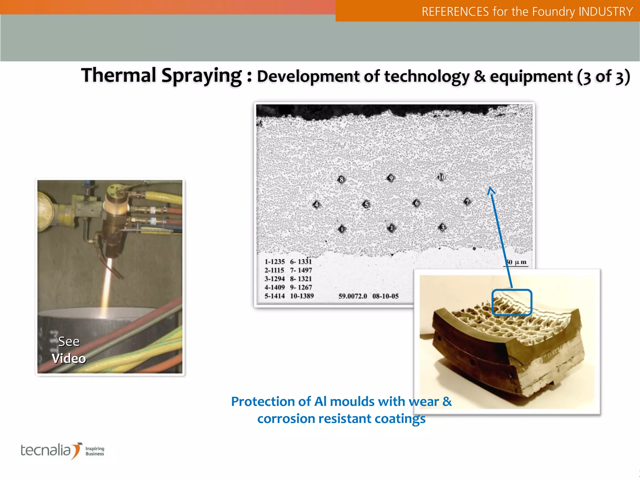 REFERENCES for the Foundry INDUSTRY




    Thermal Spraying : Development of technology & equipment (3 of 3)




 See
Video


                     Protection of Al moulds with wear &
                         corrosion resistant coatings


                                                                                         3
 