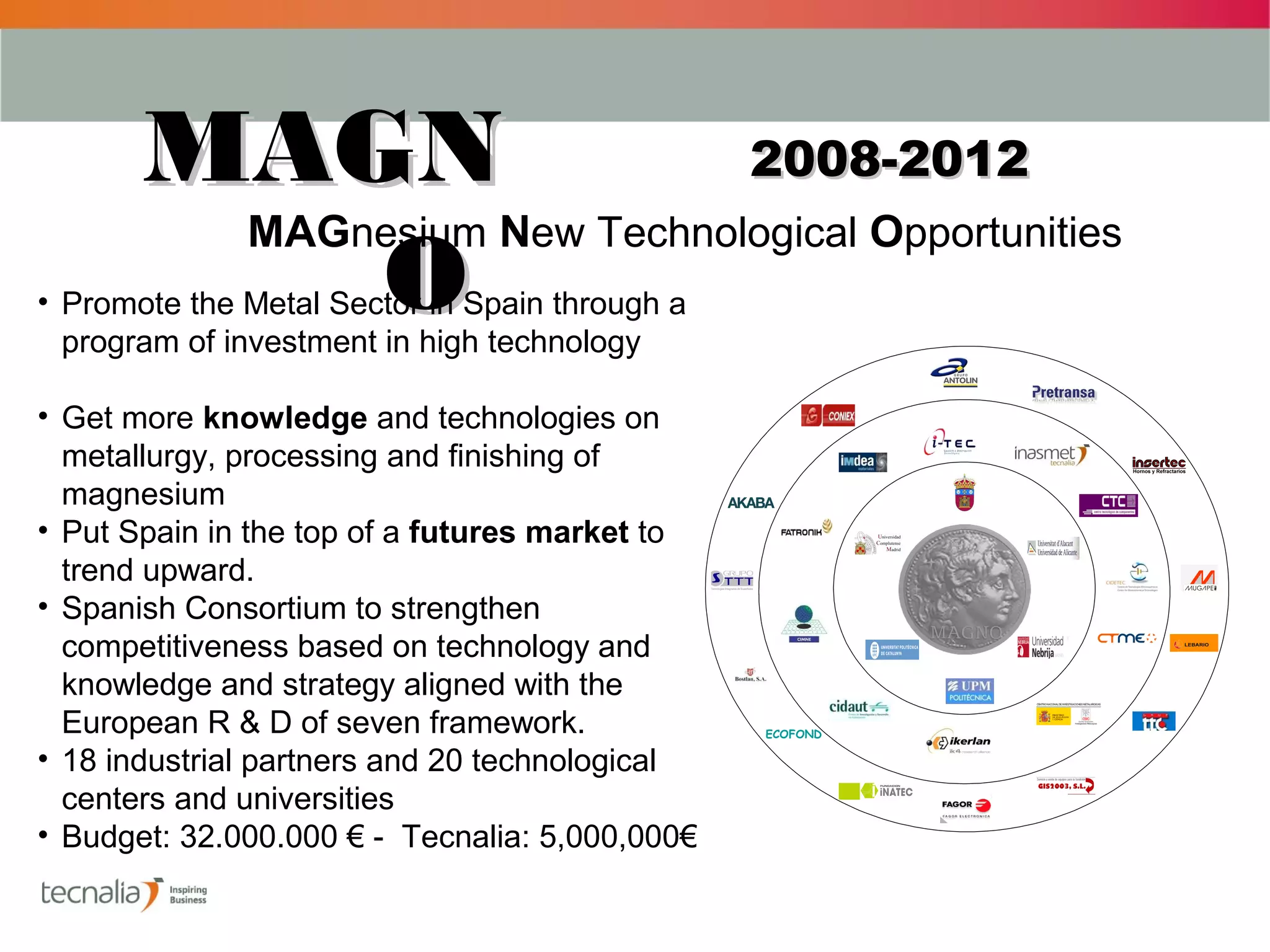 MAGN                                     2008-2012
        MAG   N      nesium       ew Technological Opportunities
            O
• Promote the Metal Sector in Spain through a
  program of investment in high technology

• Get more knowledge and technologies on
  metallurgy, processing and finishing of
  magnesium
• Put Spain in the top of a futures market to
  trend upward.
• Spanish Consortium to strengthen
  competitiveness based on technology and
  knowledge and strategy aligned with the
  European R & D of seven framework.            ECOFOND

• 18 industrial partners and 20 technological
  centers and universities
• Budget: 32.000.000 € - Tecnalia: 5,000,000€
 