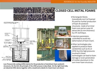 REFERENCES for the Foundry INDUSTRY



                                                                             CLOSED CELL METAL FOAMS
              Production of components with foams
                                                                                                   • Rectangular blocks
                                                                                                    (200x80x80 mm3) of foamed
                                                                                                    Al used for further production
                                                                                                    of foam Al sandwich
                                                                                                    structures made of an inner
                                                                                                    foam core and an outer Al
                                                                                                    dense skin (6 mm thickness)
                                                                                                    by LPC technique.
                                                                                                   • Injection parameters
                                                                                                    controlled to avoid any
                                                                                                    deformation of foam insert.
                                                                                                   • Other technologies also
                                                                                                    applied to produce these
                                                                                                    sandwiches such as SC or
                                                                                                    HPDC but the high pressures
                                                                                                    involved in these
                                                                                                    technologies can lead to foam
                                                                                                    damage or even penetration
                                                                                                    of molten aluminium in the
                                                                                                    own inner foam structure.
Low Pressure die casting (LPDC) device for the production of aluminium foam sandwich
structures. On the left, the principle of the LPDC process is described. On the right hand side,
an industrial LPDC device together with a mould and a detail of a foam insert are shown
 