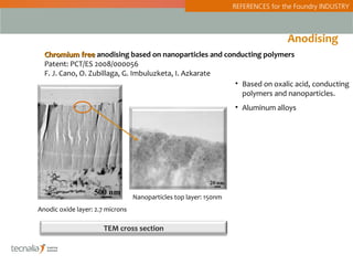 REFERENCES for the Foundry INDUSTRY



                                                                                   Anodising
  Chromium free anodising based on nanoparticles and conducting polymers
  Patent: PCT/ES 2008/000056
  F. J. Cano, O. Zubillaga, G. Imbuluzketa, I. Azkarate
                                                        • Based on oxalic acid, conducting
                                                          polymers and nanoparticles.
                                                                   • Aluminum alloys




                                  Nanoparticles top layer: 150nm
Anodic oxide layer: 2.7 microns

                      TEM cross section



                                                                                                         2
 