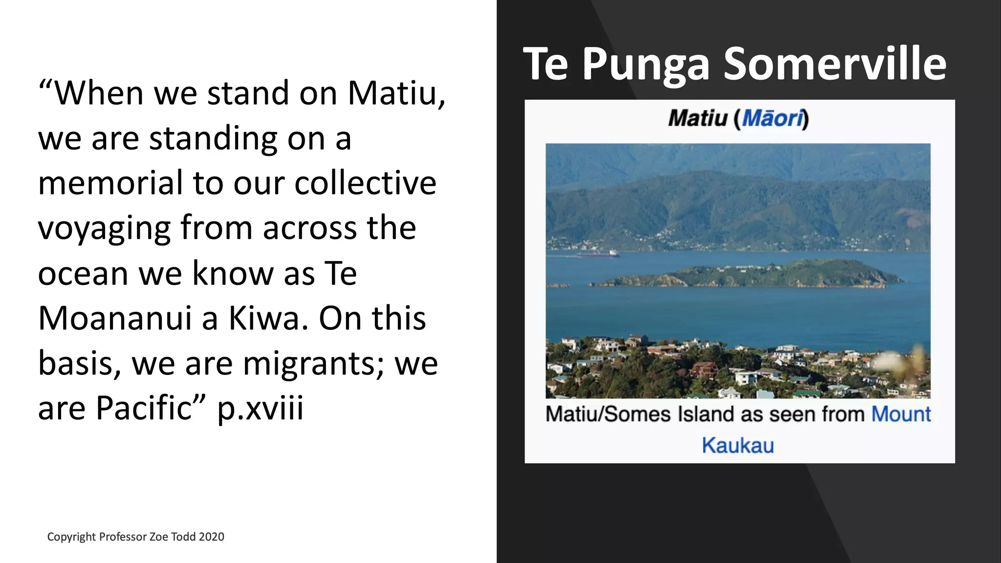 Te Punga Somerville“When we stand on Matiu,
we are standing on a
memorial to our collective
voyaging from across the
ocean we know as Te
Moananui a Kiwa. On this
basis, we are migrants; we
are Pacific” p.xviii
 