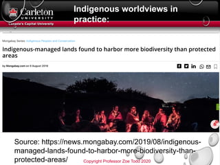 Indigenous worldviews in
practice:
Source: https://news.mongabay.com/2019/08/indigenous-
managed-lands-found-to-harbor-mor...