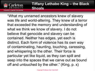 “What my unnamed ancestors knew of slavery
was life and world-altering. They knew of a terror
that exceeded the memory and...