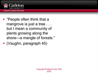 § ”People often think that a
mangrove is just a tree . . .
but I mean a community of
plants growing along the
shore—a mang...