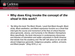 § Why does King invoke the concept of the
shoal in this work?
§ “By titling this book The Black Shoals, I posit that Black...