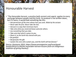 Honourable Harvest
• “The Honorable Harvest, a practice both ancient and urgent, applies to every
exchange between people ...