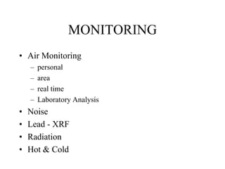 MONITORING
• Air Monitoring
– personal
– area
– real time
– Laboratory Analysis
• Noise
• Lead - XRF
• Radiation
• Hot & Cold
 