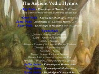 The Ancient Vedic Hymns Rig Veda   - Knowledge of Hymns,  10,859 verses “ There is only one truth, only men describe it in different ways.“ Yajur Veda   - Knowledge of Liturgy,  3,988 verses   Sama Veda   - Knowledge of  Classical Music,  1,549 verses   Ayur Veda   - Knowledge of Medicine,  over 100,000 verses Upanishads Jyotisha   – Astrology and Astronomy. Kalpa – Rituals and Legal matters. Siksha – Phonetics. Aitareya – Creation of the Universe, Man and Evolution. Chandogya – Reincarnation, Soul. Kaushitaki – Karma. Kena – Austerity, Work, and Restraint. Dharnur Veda – Science of Archery and War. Mundaka – Discipline, Faith and warning of Ignorance. Sulba Sutra   – Knowledge of Mathematics Yoga Sutra   - Knowledge   of Meditation Kama Sutra   - Knowledge of Love and Sex 