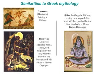 Similarities to Greek mythology Dionysus  (Dionysos) holding a Trident Shiva , holding the Trident, resting on a leopard skin with a Cobra perched beside him, his abode is Mount Kailas, Himalayas Dionysus  (Dionysos) encircled with a snake, with leopard by his side, with the moon in the background, his abode is Mount Olympus 