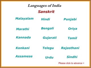 Languages of India Hindi Sanskrit Tamil Gujarati Urdu Punjabi Malayalam Bengali Marathi Konkani Kannada Assamese Telegu Oriya Rajasthani Please click to advance > Sindhi 