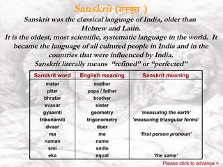 Sanskrit  ( संस्कृत   ) Sanskrit was the classical language of India, older than  Hebrew and Latin. It is the oldest, most scientific, systematic language in the world.  It became the language of all cultured people in India and in the countries that were influenced by India. Sanskrit literally means  “refined” or “perfected” Please click to advance > 'measuring the earth’ 'measuring triangular forms‘ ‘ first person pronoun’ ‘ the same’ mother papa / father brother sister geometry trigonometry door me name smile equal matar pitar bhratar svasar gyaamti trikonamiti dvaar ma naman smi eka Sanskrit meaning English meaning Sanskrit word 
