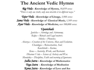 The Ancient Vedic Hymns Rig Veda  - Knowledge of Hymns,  10,859 verses “ There is only one truth, only men describe it in different ways.“ Yajur Veda   - Knowledge of Liturgy,  3,988 verses   Sama Veda   - Knowledge of  Classical Music,  1,549 verses  Ayur Veda   - Knowledge of Medicine,  over 100,000 verses Upanishads Jyotisha – Astrology and Astronomy. Kalpa – Rituals and Legal matters. Siksha – Phonetics. Aitareya – Creation of the Universe, Man and Evolution. Chandogya – Reincarnation, Soul. Kaushitaki – Karma. Kena – Austerity, Work, and Restraint. Dharnur Veda – Science of Archery and War. Mundaka – Discipline, Faith and warning of Ignorance. Sulba Sutra   – Knowledge of Mathematics Yoga Sutra   - Knowledge   of Meditation Kama Sutra  - Knowledge of Love and Sex 