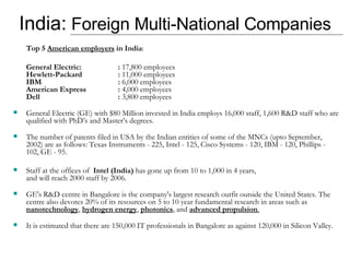 India:  Foreign Multi-National Companies Top 5  American employers  in India : General Electric: :  17,800 employees Hewlett-Packard :  11,000 employees IBM :  6,000 employees American Express :  4,000 employees Dell :  3,800 employees  General Electric (GE) with $80 Million invested in India employs 16,000 staff, 1,600 R&D staff who are qualified with PhD’s and Master’s degrees.  The number of patents filed in USA by the Indian entities of some of the MNCs (upto September, 2002) are as follows: Texas Instruments - 225, Intel - 125, Cisco Systems - 120, IBM - 120, Phillips - 102, GE - 95.  Staff at the offices of  Intel (India)  has gone up from 10 to 1,000 in 4 years,  and will reach 2000 staff by 2006. GE's R&D centre in Bangalore is the company's largest research outfit outside the United States. The centre also devotes 20% of its resources on 5 to 10 year fundamental research in areas such as  nanotechnology ,  hydrogen energy ,  photonics , and  advanced propulsion . It is estimated that there are 150,000 IT professionals in Bangalore as against 120,000 in Silicon Valley.  