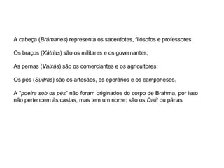 A cabeça (Brâmanes) representa os sacerdotes, filósofos e professores;

Os braços (Xátrias) são os militares e os governantes;

As pernas (Vaixás) são os comerciantes e os agricultores;

Os pés (Sudras) são os artesãos, os operários e os camponeses.

A "poeira sob os pés" não foram originados do corpo de Brahma, por isso
não pertencem às castas, mas tem um nome: são os Dalit ou párias
 