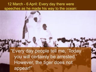 12 March - 6 April: Every day there were
speeches as he made his way to the ocean:

“Every day people tell me, ‘Today
you will certainly be arrested.’
However, the tiger does not
appear!”

 