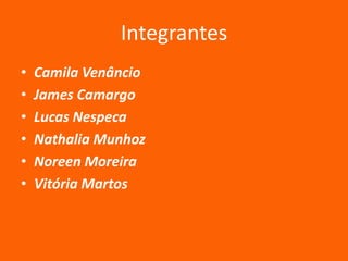 Integrantes
•
•
•
•
•
•

Camila Venâncio
James Camargo
Lucas Nespeca
Nathalia Munhoz
Noreen Moreira
Vitória Martos

 