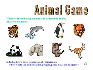Which of the following animals can be found in India?
Answers will follow.

India has tigers, lions, elephants, and rhinoceroses.
Where would you find a dolphin, penguin, panda bear, and kangaroo?

 
