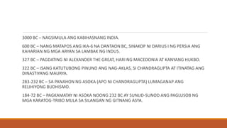 3000 BC – NAGSIMULA ANG KABIHASNANG INDIA.
600 BC – NANG MATAPOS ANG IKA-6 NA DANTAON BC, SINAKOP NI DARIUS I NG PERSIA ANG
KAHARIAN NG MGA ARYAN SA LAMBAK NG INDUS.
327 BC – PAGDATING NI ALEXANDER THE GREAT, HARI NG MACEDONIA AT KANYANG HUKBO.
322 BC – ISANG KATUTUBONG PINUNO ANG NAG-AKLAS, SI CHANDRAGUPTA AT ITINATAG ANG
DINASTIYANG MAURYA.
283-232 BC – SA PANAHON NG ASOKA (APO NI CHANDRAGUPTA) LUMAGANAP ANG
RELIHIYONG BUDHISMO.
184-72 BC – PAGKAMATAY NI ASOKA NOONG 232 BC AY SUNUD-SUNOD ANG PAGLUSOB NG
MGA KARATOG-TRIBO MULA SA SILANGAN NG GITNANG ASYA.
