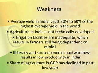Weakness
• Average yield in India is just 30% to 50% of the
highest average yield in the world
• Agriculture in India is not technically developed
• Irrigation facilities are inadequate, which
results in farmers still being dependent on
rainfall
• Illiteracy and socio-economic backwardness
results in low productivity in India
• Share of agriculture in GDP has declined in past
few years
 