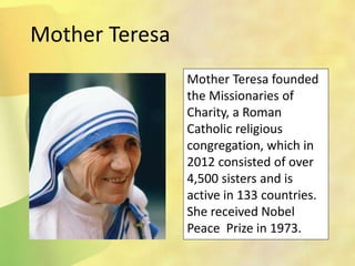 Mother Teresa
Mother Teresa founded
the Missionaries of
Charity, a Roman
Catholic religious
congregation, which in
2012 consisted of over
4,500 sisters and is
active in 133 countries.
She received Nobel
Peace Prize in 1973.
 