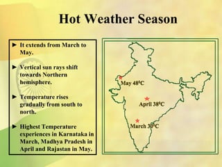 ► It extends from March to
May.
► Vertical sun rays shift
towards Northern
hemisphere.
► Temperature rises
gradually from south to
north.
► Highest Temperature
experiences in Karnataka in
March, Madhya Pradesh in
April and Rajastan in May.
Hot Weather Season
May 480C
April 380C
March 300C
 