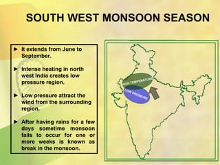► It extends from June to
September.
► Intense heating in north
west India creates low
pressure region.
► Low pressure attract the
wind from the surrounding
region.
► After having rains for a few
days sometime monsoon
fails to occur for one or
more weeks is known as
break in the monsoon.
SOUTH WEST MONSOON SEASON
 