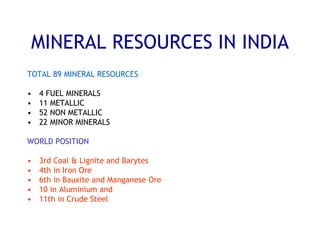 MINERAL RESOURCES IN INDIA
TOTAL 89 MINERAL RESOURCES
• 4 FUEL MINERALS
• 11 METALLIC
• 52 NON METALLIC
• 22 MINOR MINERALS
WORLD POSITION
• 3rd Coal & Lignite and Barytes
• 4th in Iron Ore
• 6th in Bauxite and Manganese Ore
• 10 in Aluminium and
• 11th in Crude Steel
 
