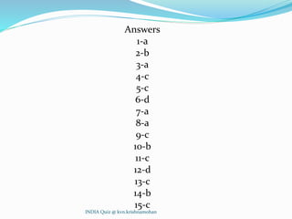 Answers
1-a
2-b
3-a
4-c
5-c
6-d
7-a
8-a
9-c
10-b
11-c
12-d
13-c
14-b
15-c
INDIA Quiz @ kvn.krishnamohan
 