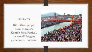 FUN FACTS
100 million people
come to India's
Kumbh Mela Festival,
the world's biggest
gathering of humans.
 