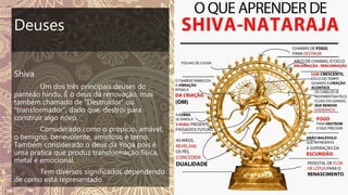 Shiva
Um dos três principais deuses do
panteão hindu. É o deus da renovação, mas
também chamado de “Destruidor” ou
“transformador”, dado que, destrói para
construir algo novo.
Considerado como o propicio, amável,
o benigno, benevolente, amistoso e terno.
Também considerado o deus da Yoga pois é
uma pratica que produz transformação física,
metal e emocional.
Tem diversos significados dependendo
de como está representado.
Deuses
 