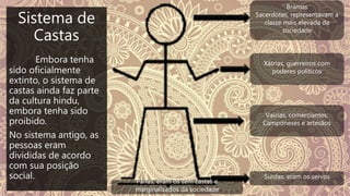 Sistema de
Castas
Embora tenha
sido oficialmente
extinto, o sistema de
castas ainda faz parte
da cultura hindu,
embora tenha sido
proibido.
No sistema antigo, as
pessoas eram
divididas de acordo
com sua posição
social.
Bramas
Sacerdotes, representavam a
classe mais elevada da
sociedade
Xátrias, guerreiros com
poderes politicos
Vaicias, comerciantes.
Camponeses e artesãos
Surdas, eram os servos
Párias, eram os sem castas e
marginalizados da sociedade
 