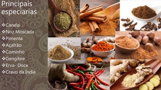 Principais
especiarias
Canela
Noz Moscada
Pimenta
Açafrão
Cominho
Gengibre
Erva- Doce
Cravo da Índia
 