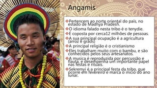 Angamis
Pertencem ao norte oriental do país, no
estado de Madhya Pradesh.
O idioma falado nesta tribo é o tenydie.
É coposta por cerca12 milhões de pessoas.
A sua principal ocupação é a agricultura
(arroz e grãos)
A principal religião é o cristianismo
Eles trabalham muito com o bambu, e são
conhecidos pelos seus artesanatos.
A musica é reproduzida por percussão e
flauta, e desempenha um importante papel
nas festas e rituais.
Sekremyi é a principal festa da tribo, que
ocorre em fevereiro e marca o inicio do ano
lunar.
 